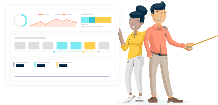 An illustration of two smiling Monsido staff members standing next to graphs displaying analytics results inside the Monsido Platform