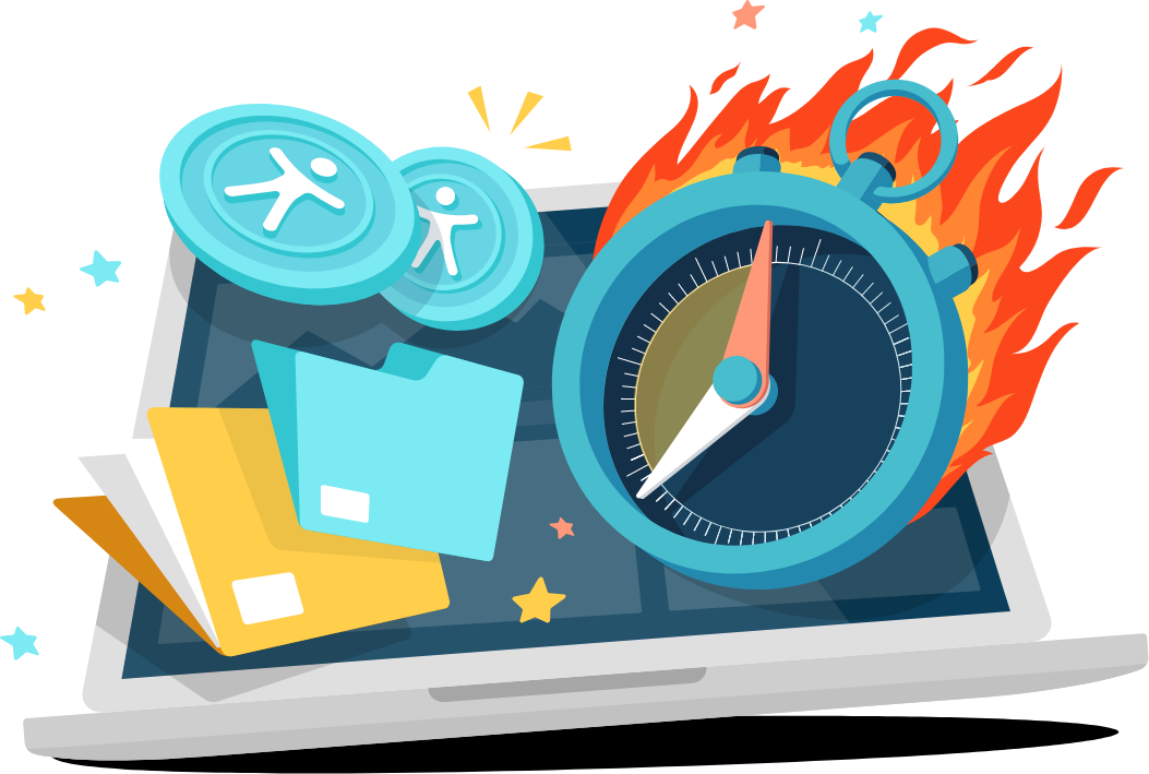 A laptop with files, accessibility icons and a flaming timer floating in front.