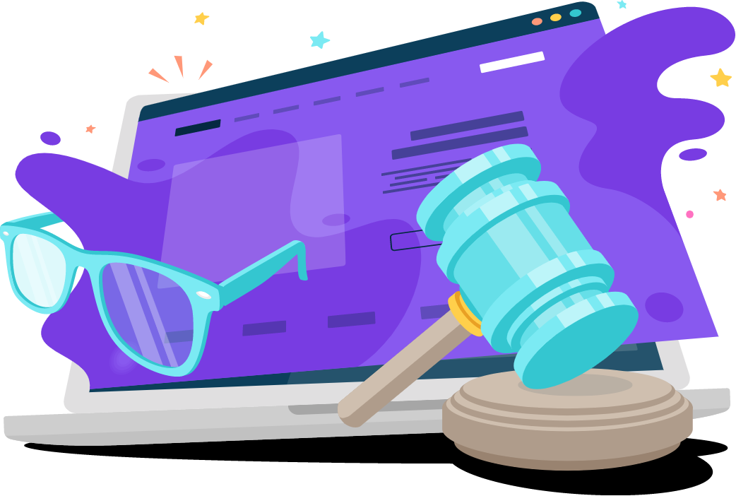 An illustration of a laptop, a pair of glasses and a gavel.
