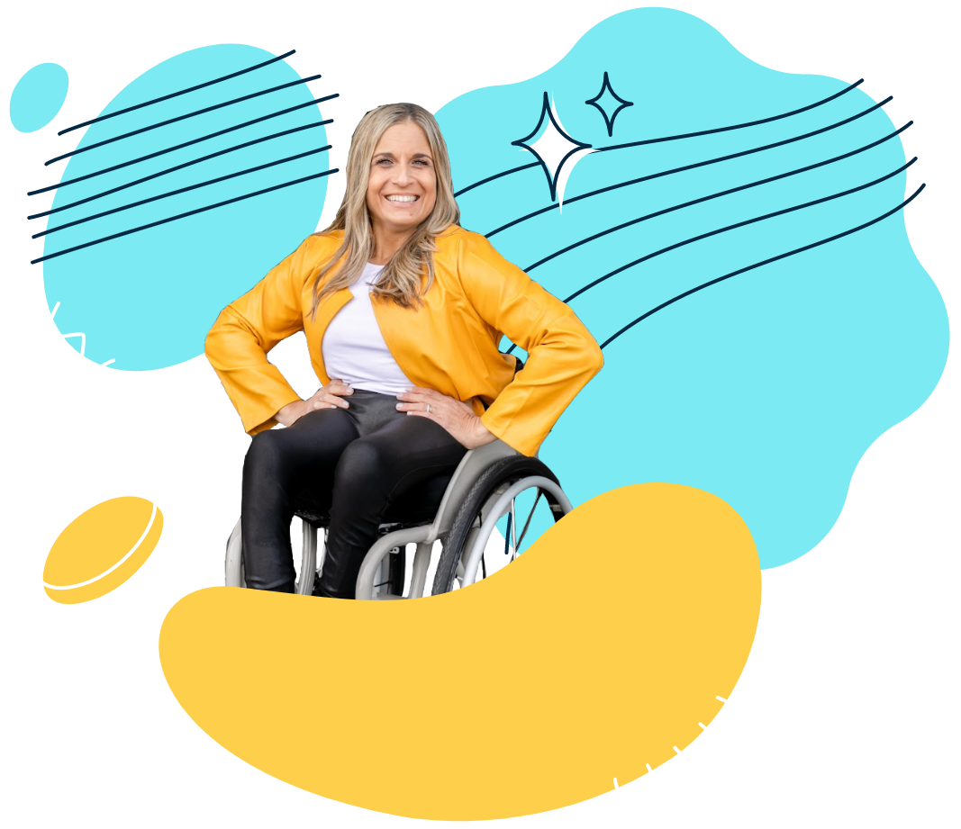 An image of a smiling blond woman sitting in a wheel chair. There are decorative illustrations around her. 