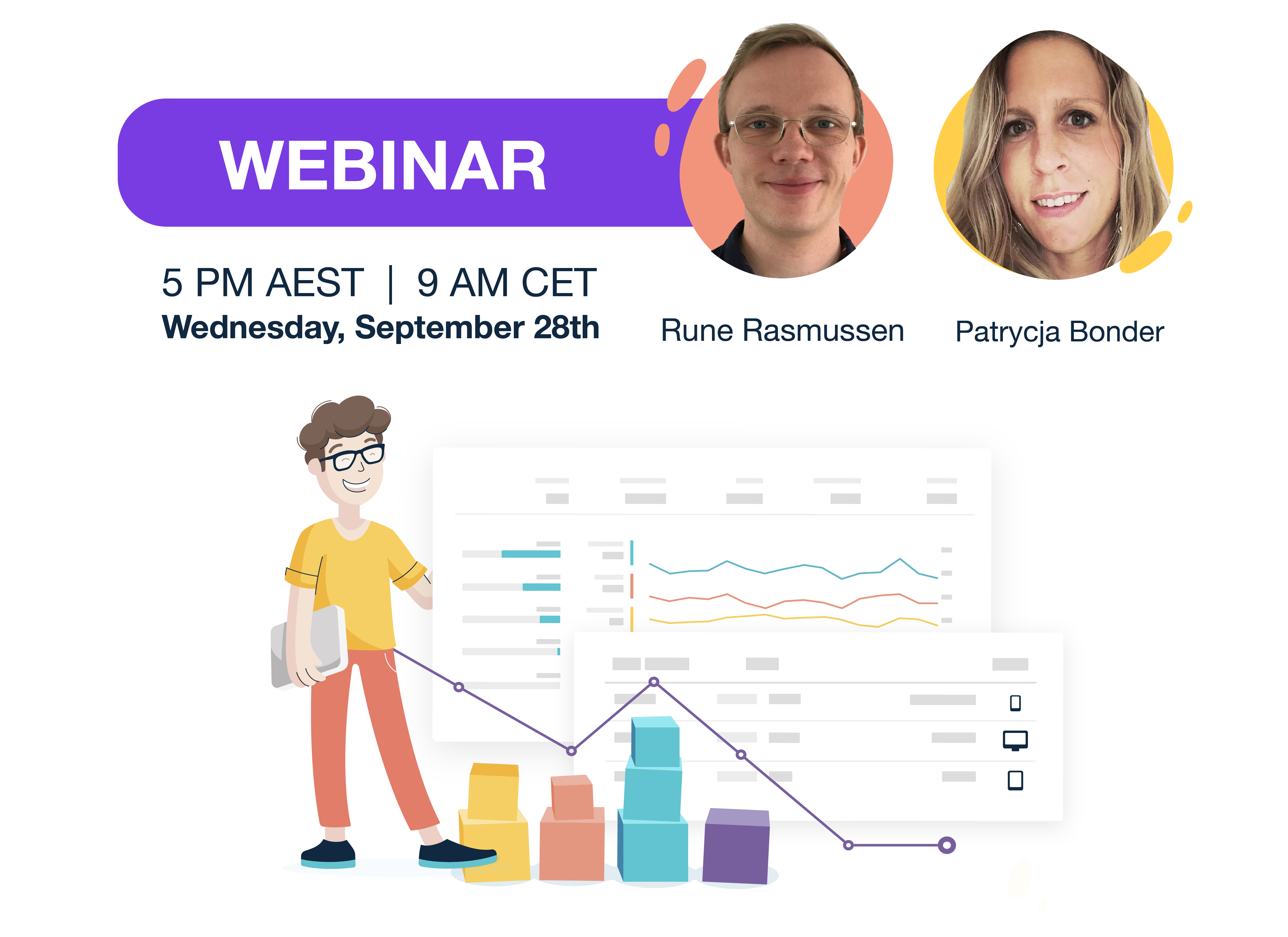 Banner with the text: "WEBINAR, Wednesday, September 28th  5pm AEST/9am CEST". The banner also has headshots showing the presenters with their names "Rune Rasmussen" and "Patrycja Bonder" below. The banner also has an illustration of a person with glasses standing next to the Monsido platform.