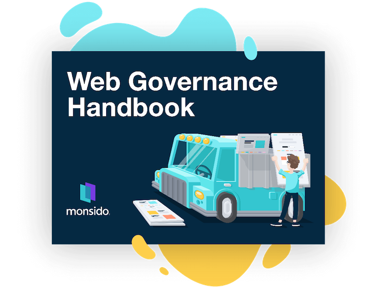 Cover of the Web Governance Handbook with a blue and yellow cloud behind it.