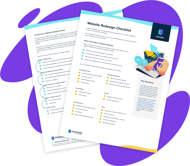 Cover of the Website Redesign Checklist, with a purple cloud behind it.