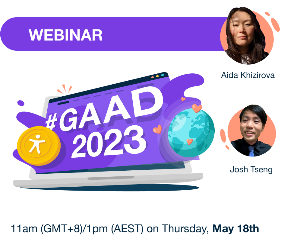 Webinar banner with laptop illustration and headshot of the speakers.