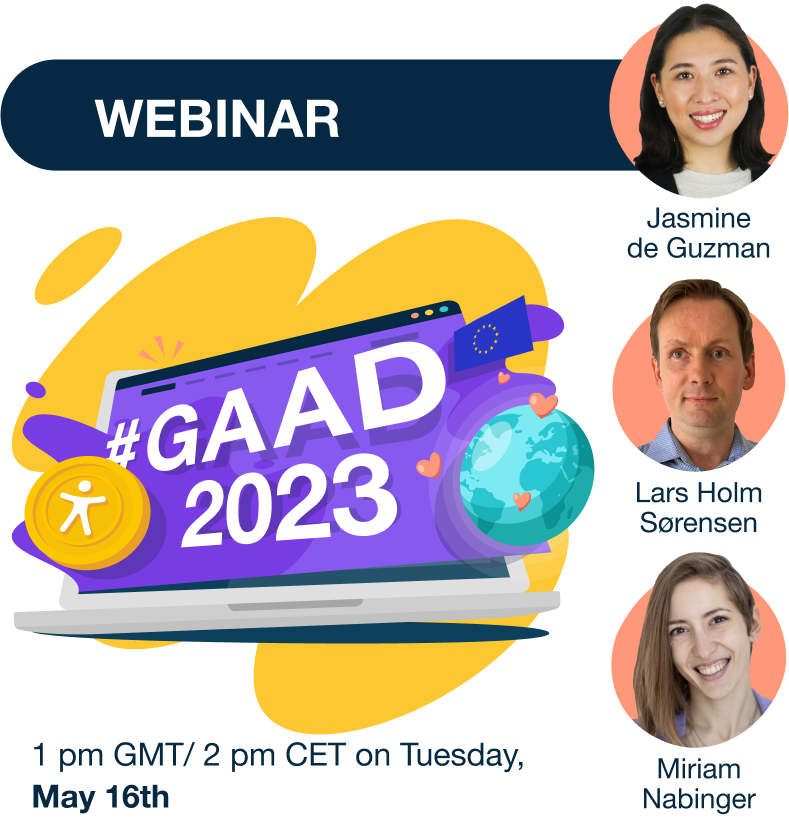 Webinar Illustration with headshots of the speakers and a laptop illustration with animated people holding accessibility signs.